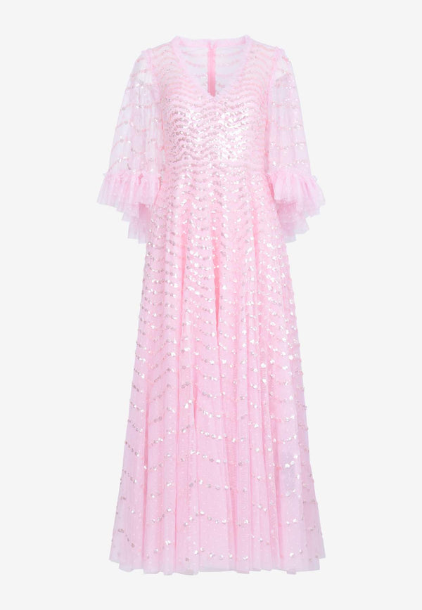 Needle & Thread V-neck Shimmer Wave Gloss Sequined Gown Pink DG-TQ-04-RSS24-BPKPINK