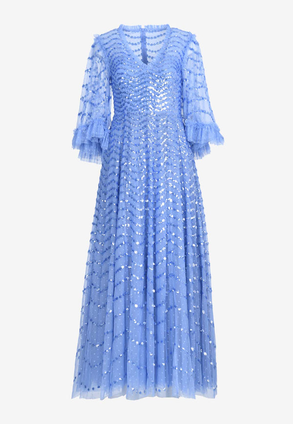 Needle & Thread V-neck Shimmer Wave Gloss Sequined Gown Blue DG-TQ-04-RSS24-TWBBLUE