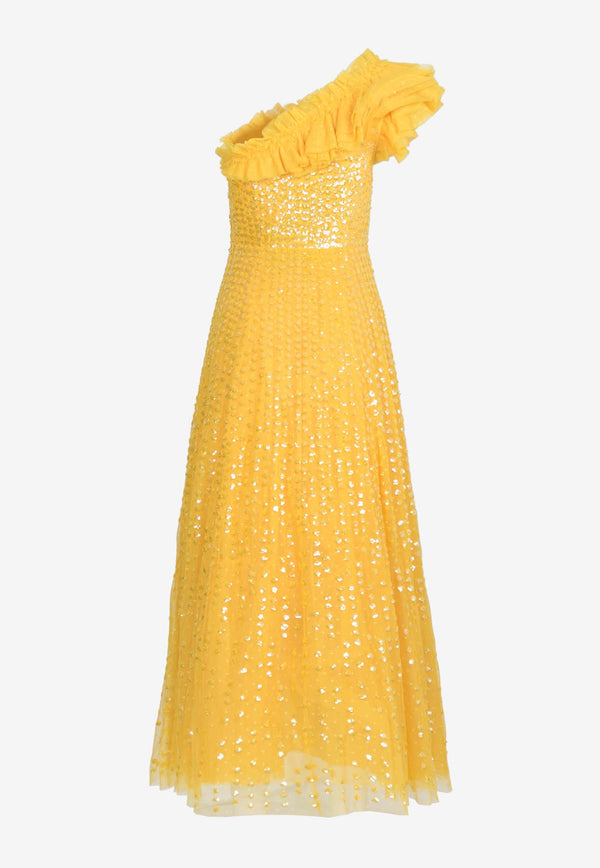 Needle & Thread Raindrop One-Shoulder Sequined Gown Yellow DG-ON-45-RHS24-SFLYELLOW