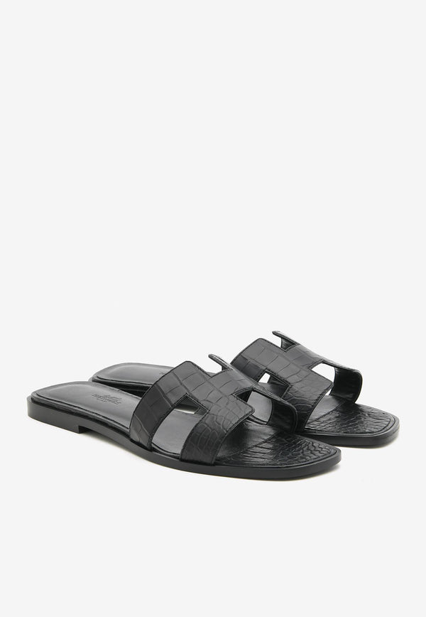 Hermès Oran H Cut-Out Sandals in Black Matte Alligator