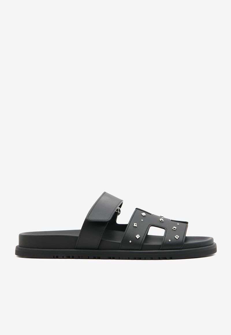 Hermès Chypre Sandals in Black Calfskin with Medor Studs