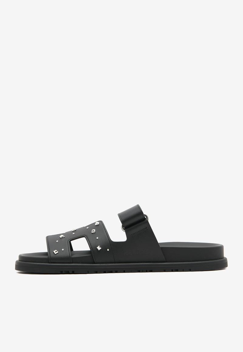 Hermès Chypre Sandals in Black Calfskin with Medor Studs