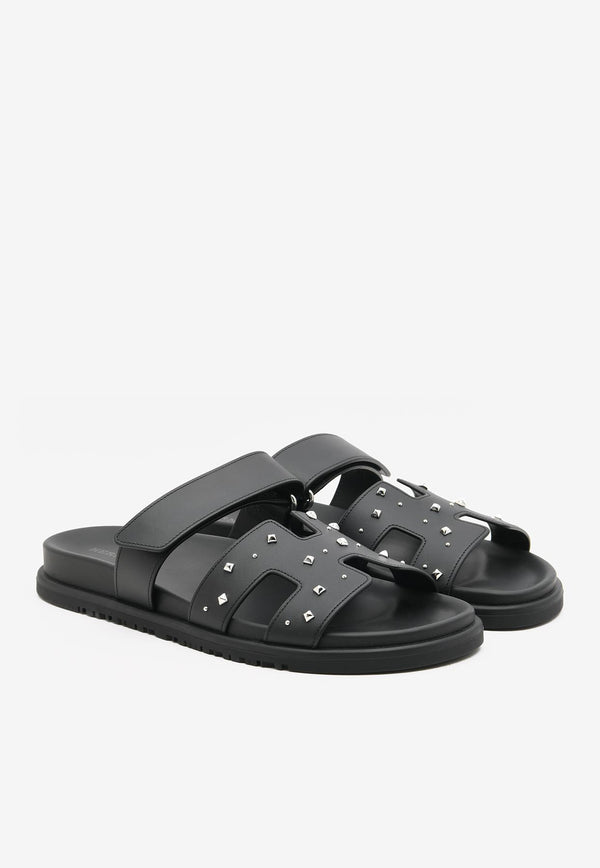 Hermès Chypre Sandals in Black Calfskin with Medor Studs