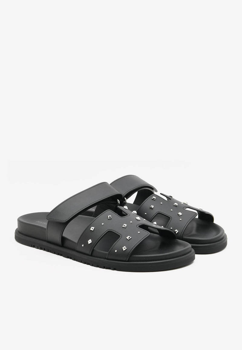 Hermès Chypre Sandals in Black Calfskin with Medor Studs