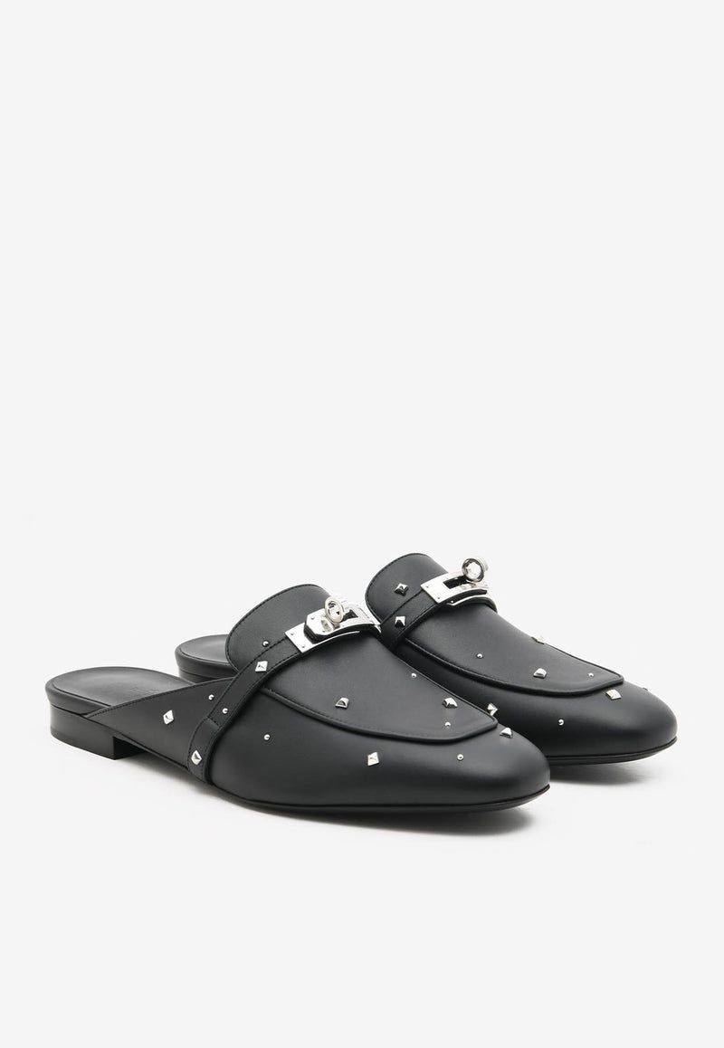 Hermès Oz Flat Mules in Black Calfskin with Medor Studs and Palladium Kelly Buckle