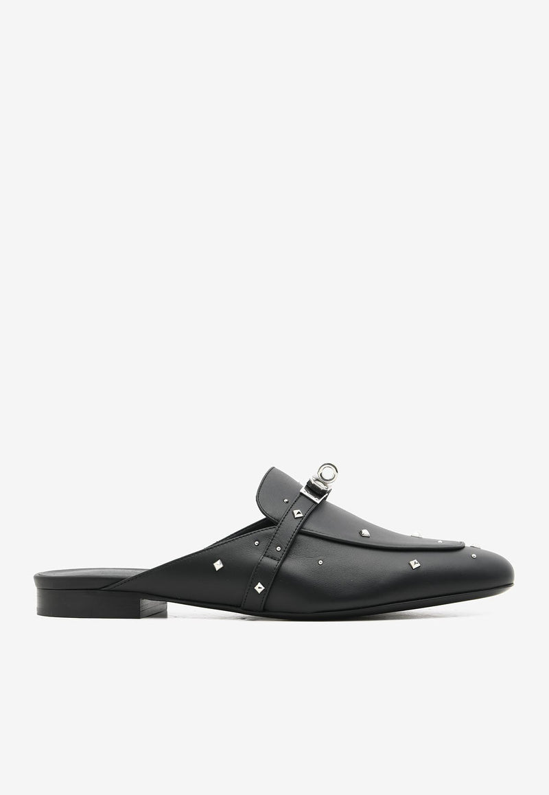 Hermès Oz Flat Mules in Black Calfskin with Medor Studs and Palladium Kelly Buckle