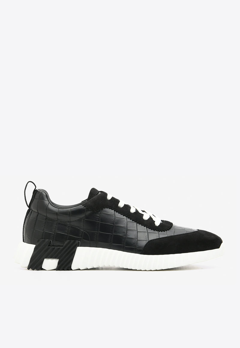 Bouncing Low-Top Sneakers in Black Matte Nilo Crocodile and Suede