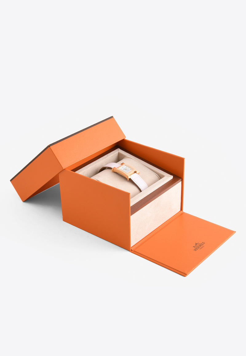 Hermès Small Heure H 25mm Watch in Mauve Pale Matte Alligator Single Tour Strap with Rose Gold Case 