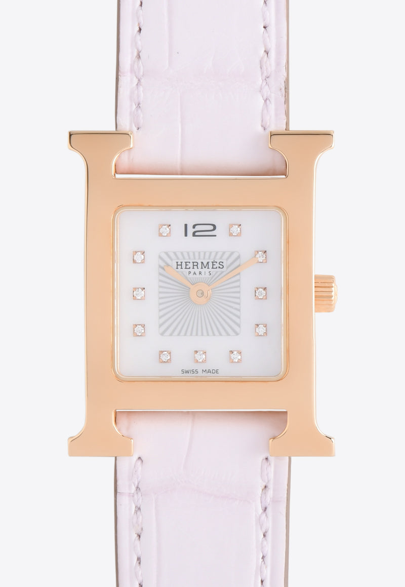Hermès Small Heure H 25mm Watch in Mauve Pale Matte Alligator Single Tour Strap with Rose Gold Case 