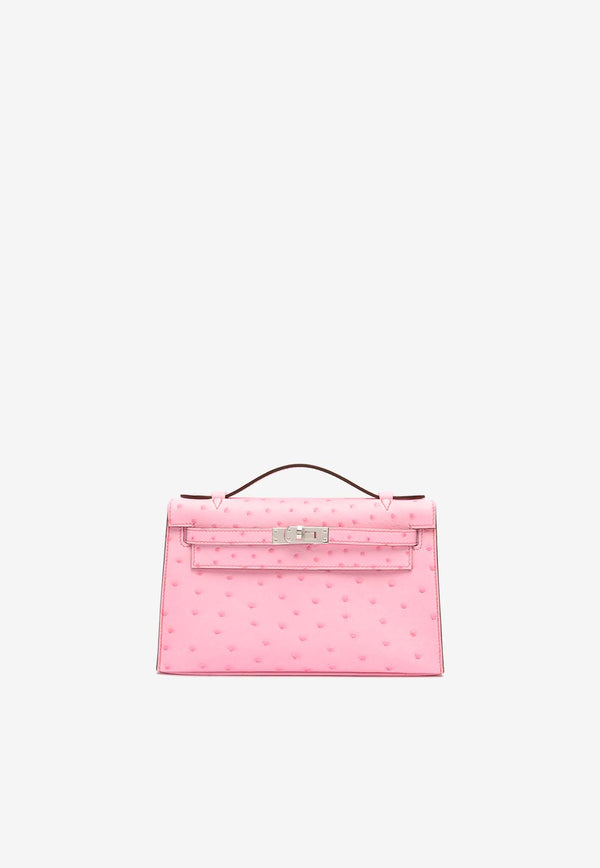 Hermès Kelly Pochette Clutch Bag in Rose Bubblegum Ostrich Boreale with Palladium Hardware