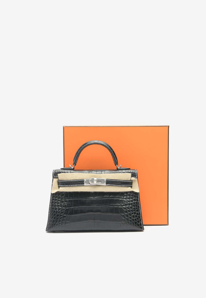 Hermès Mini Kelly 20 Verso in Black Matte Alligator and Gris Perle with Palladium Hardware