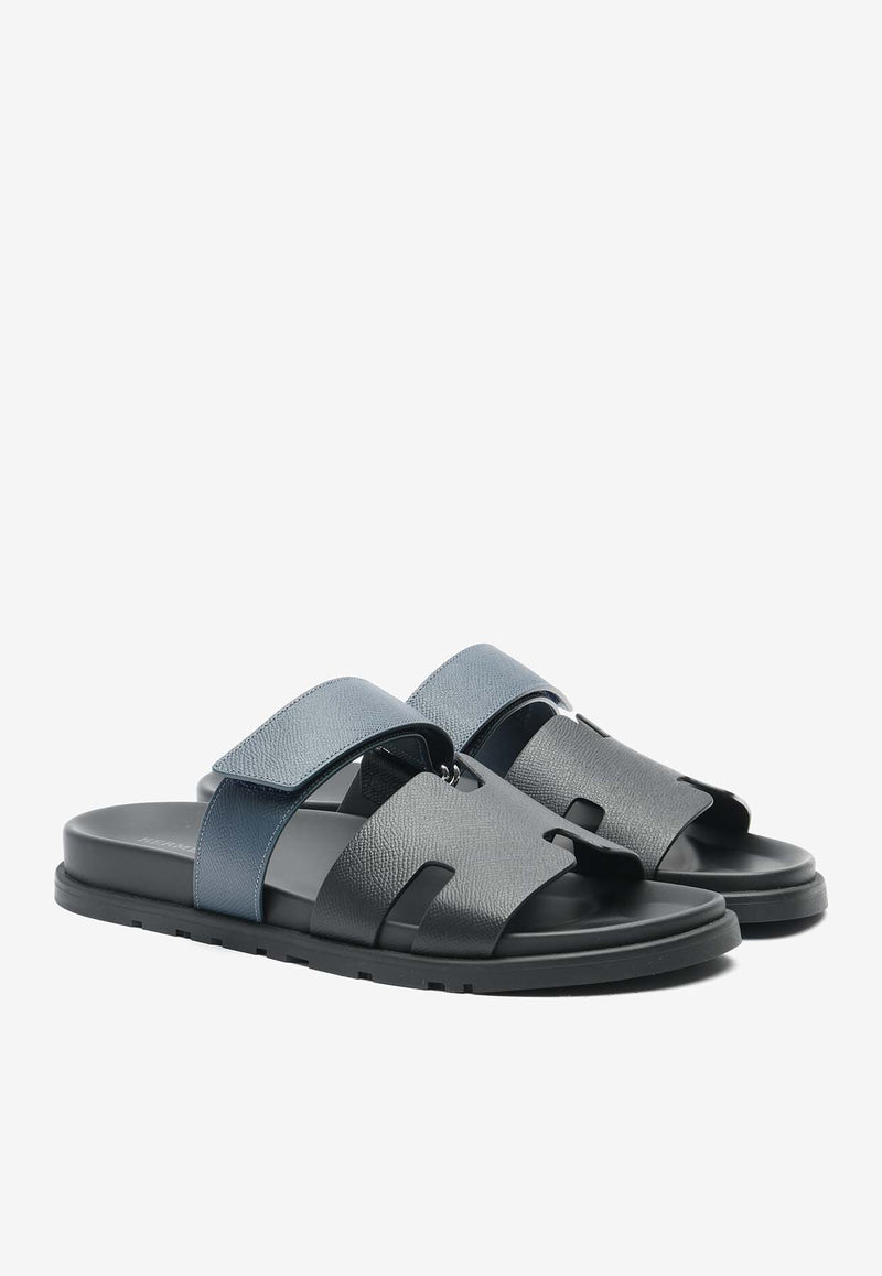 Hermès Chypre Sandals in Black and Bleu Celeste Epsom Leather