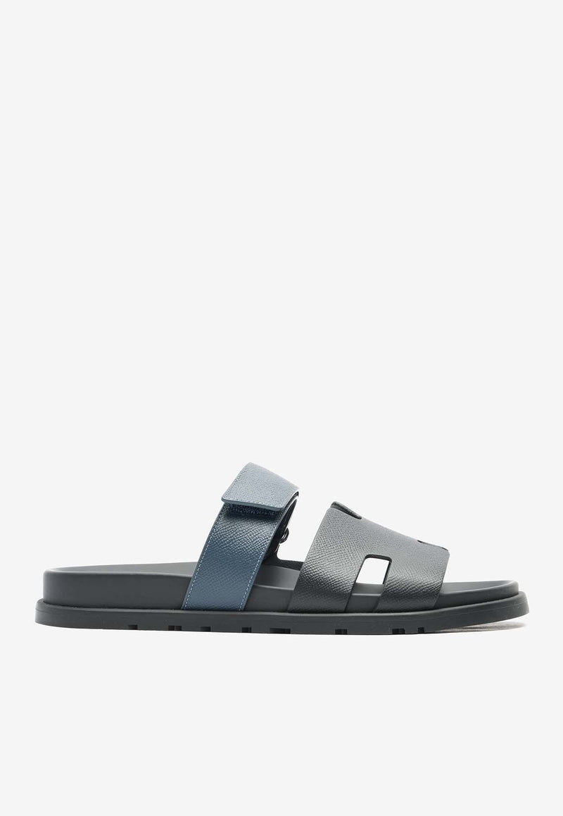 Hermès Chypre Sandals in Black and Bleu Celeste Epsom Leather