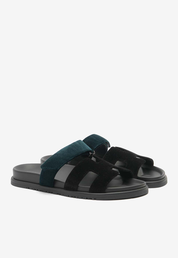 Hermès Chypre Sandals in Black and Vert Mousse Velvet