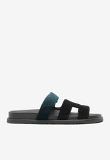 Hermès Chypre Sandals in Black and Vert Mousse Velvet