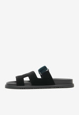 Hermès Chypre Sandals in Black and Vert Mousse Velvet