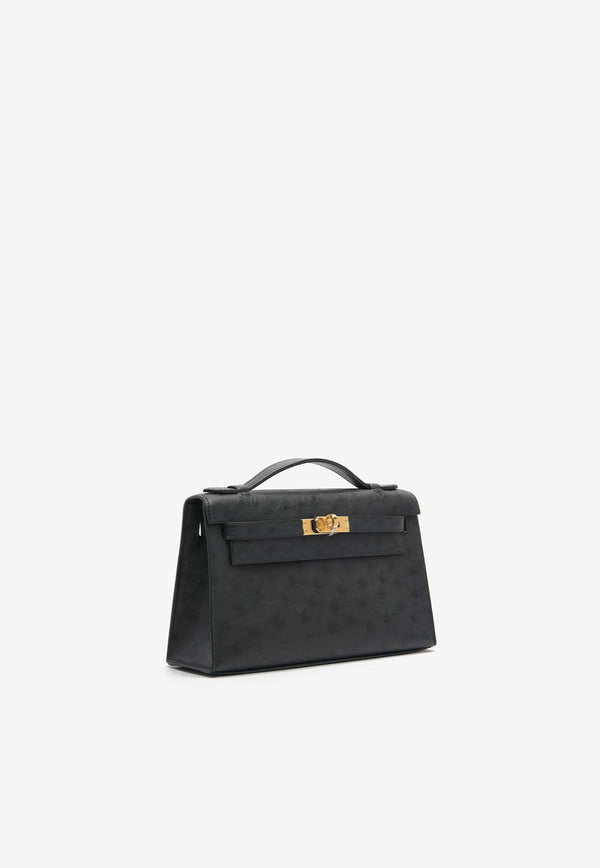 Hermès Kelly Pochette Clutch Bag in Black Ostrich Leather with Gold Hardware