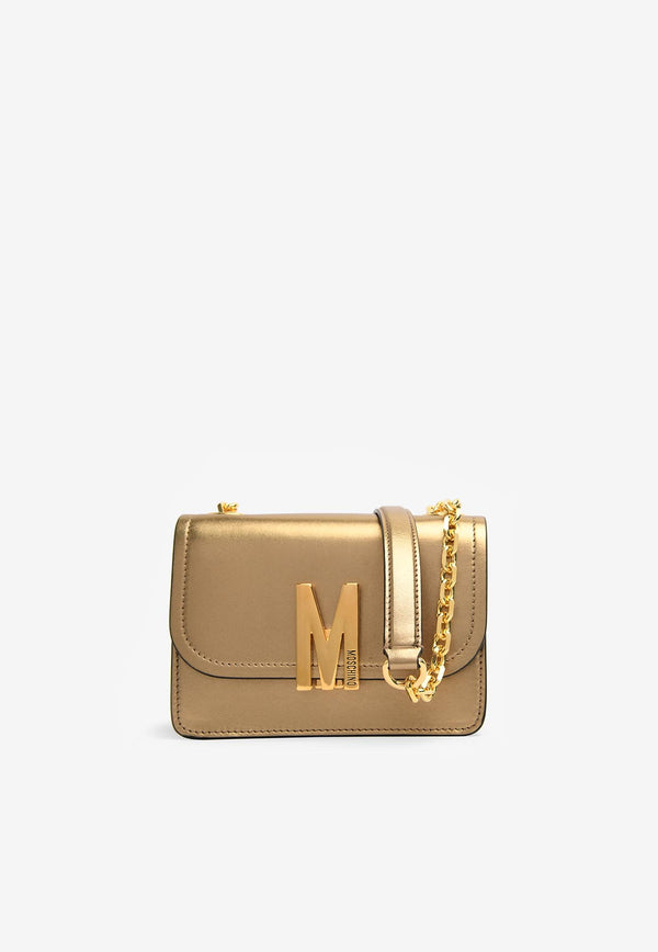 Moschino M Logo Shoulder Bag in Metallic Leather A744380110148GOLD