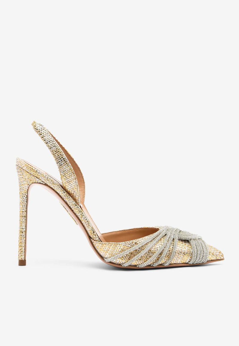 Aquazzura Gatsby Sling 105 Crystal-Embellished Pumps GASHIGL1-METGOLD