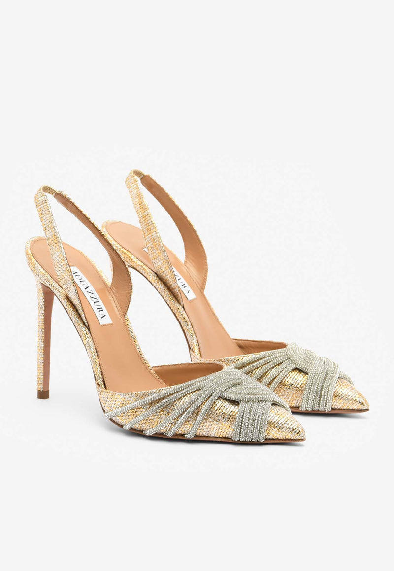 Aquazzura Gatsby Sling 105 Crystal-Embellished Pumps GASHIGL1-METGOLD