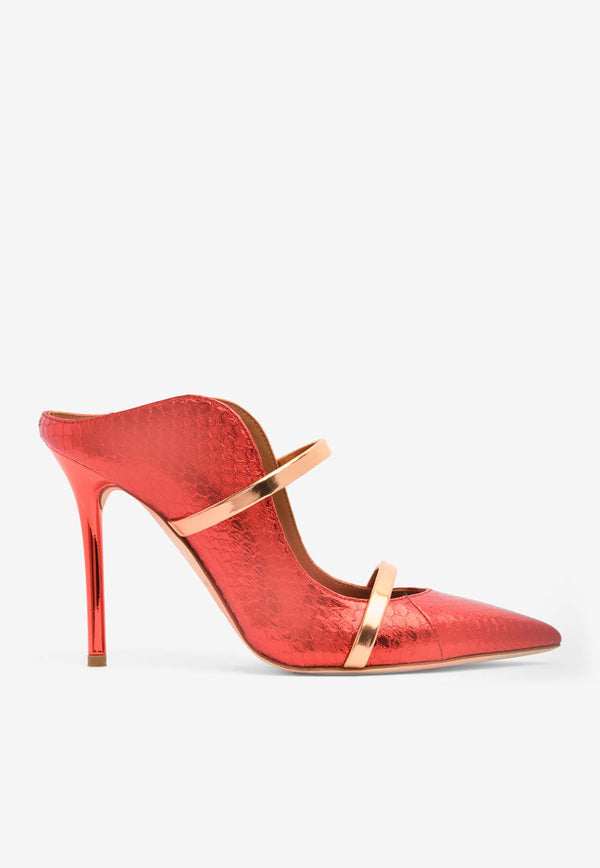 Malone Souliers Maureen 100 Metallic Mules in Elaphe Leather Red MAUREEN100-311RED