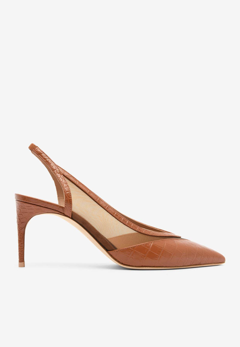 Malone Souliers Collins 70 Croc-Embossed Slingback Pumps COLLINS70-2TAN