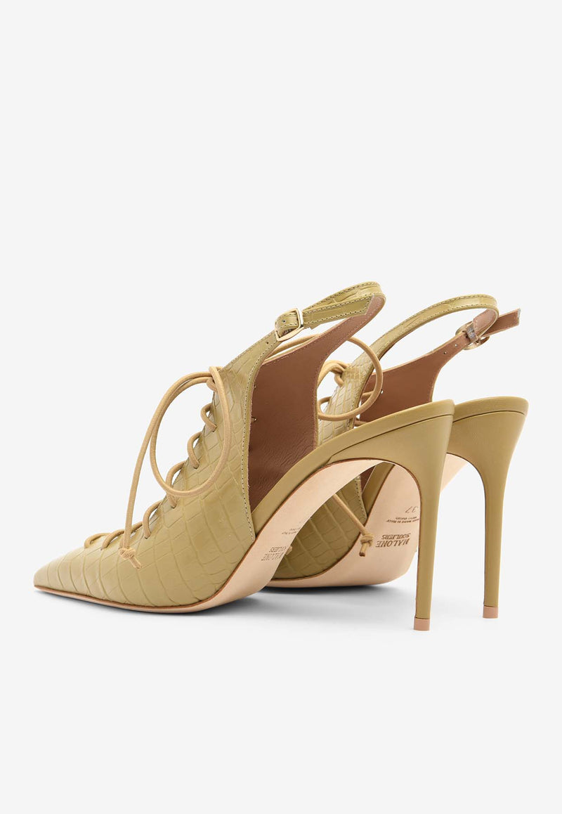 Malone Souliers Alia 90 Pointed Pumps in Croc-Embossed Leather ALIA90-1OLIVE