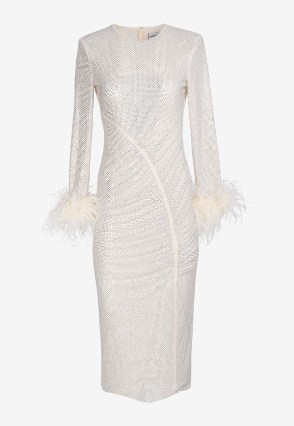 Self-Portrait Crystal Mesh Feather-Trimmed Midi Dress White PF24-944M-CWHITE