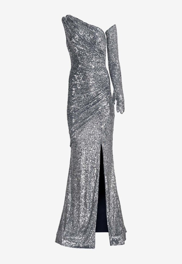 Zeena Zaki One-Shoulder Sequined Gown with Gloves Silver FW23/24-28-BSLVSILVER