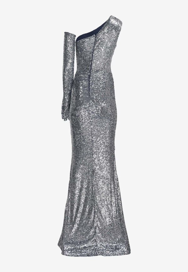 Zeena Zaki One-Shoulder Sequined Gown with Gloves Silver FW23/24-28-BSLVSILVER