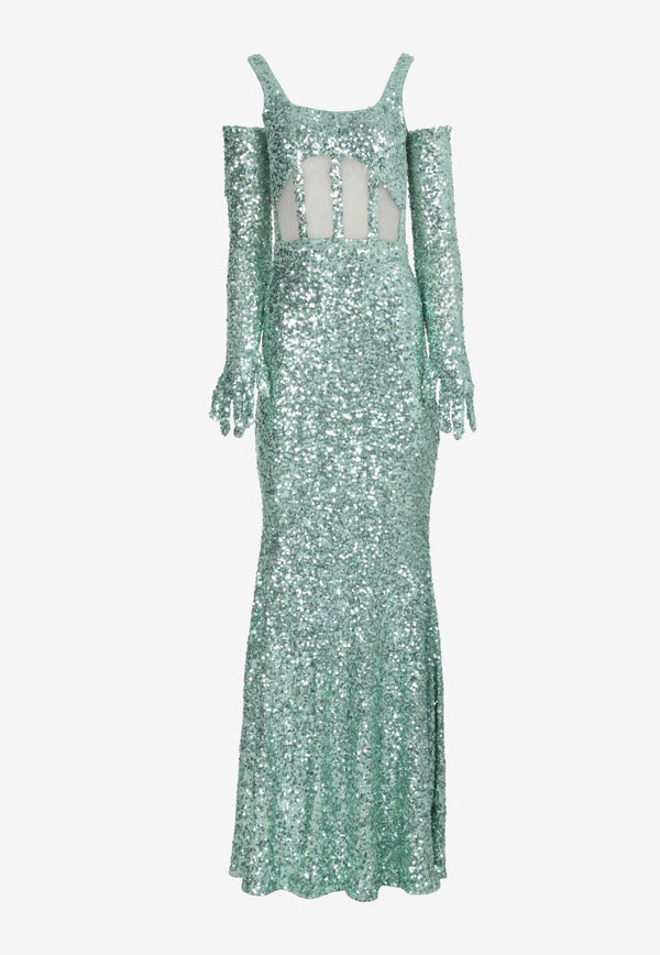 Zeena Zaki Sheer-Panel Sequined Gown with Gloves Green SS24-25-LGGREEN