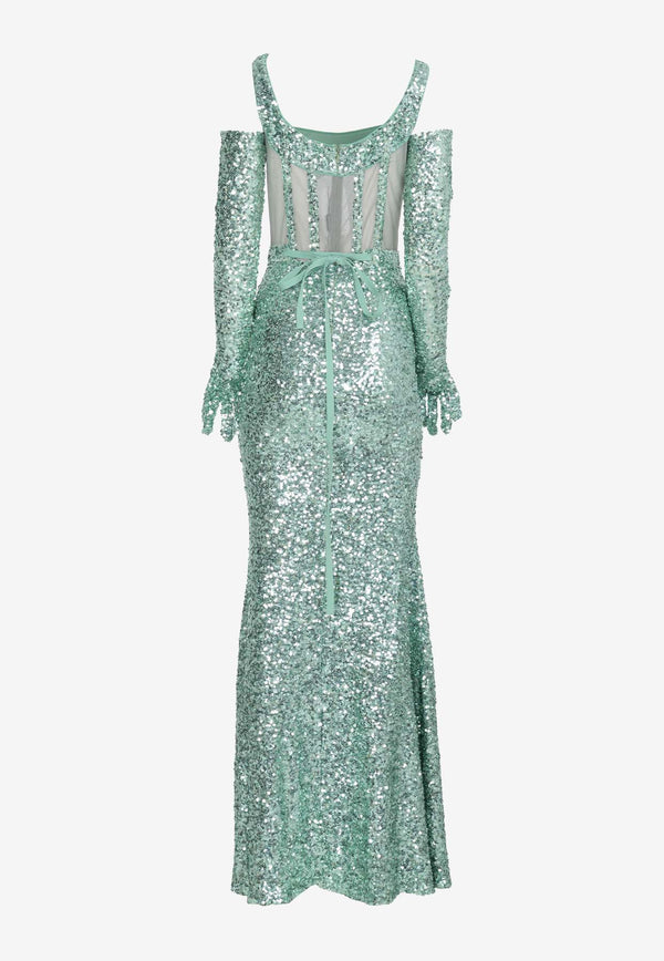 Zeena Zaki Sheer-Panel Sequined Gown with Gloves Green SS24-25-LGGREEN