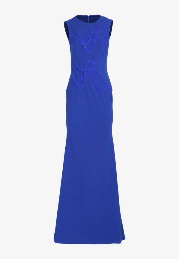 Zeena Zaki Rhinestone Embellished Crepe Gown Blue SS24-18-BLUBLUE