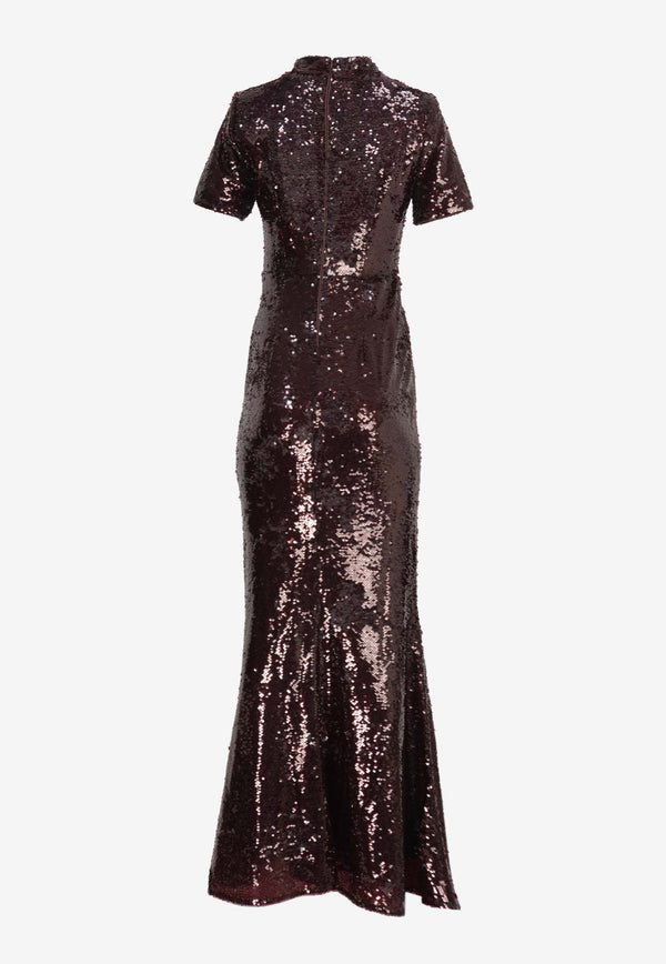 Self Portrait Short-Sleeved Sequined Maxi Dress AW23-058X-BRBROWN