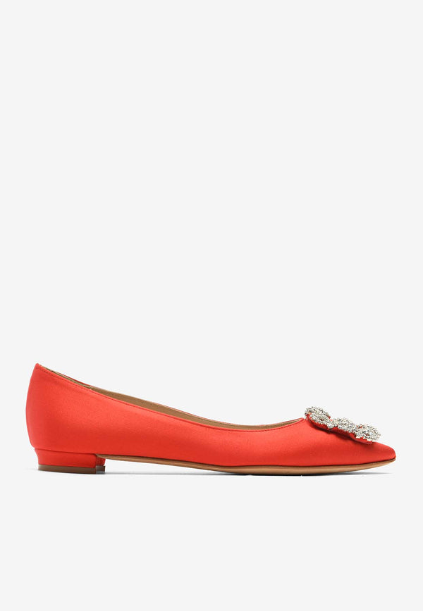 Manolo Blahnik Hangisi Satin Ballet Flats with CLC Crystal Buckle Red 9XX-0347RED