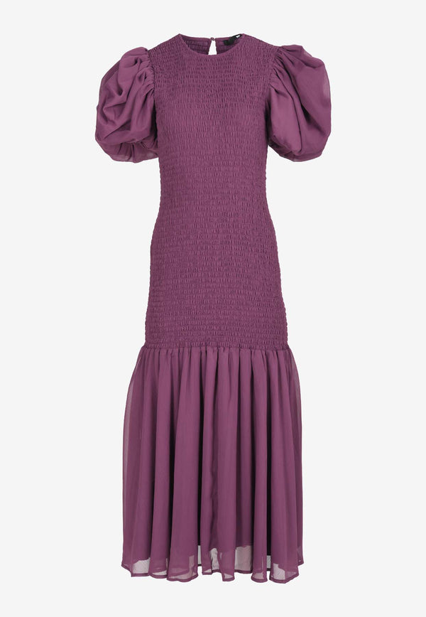 ROTATE Puff-Sleeved Shirred Chiffon Midi Dress Purple 1128991364PURPLE