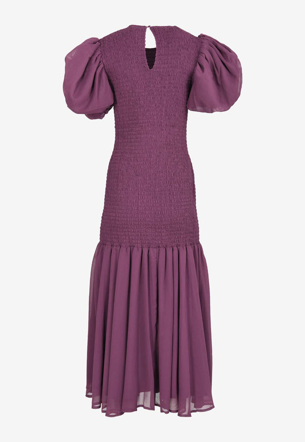 ROTATE Puff-Sleeved Shirred Chiffon Midi Dress Purple 1128991364PURPLE