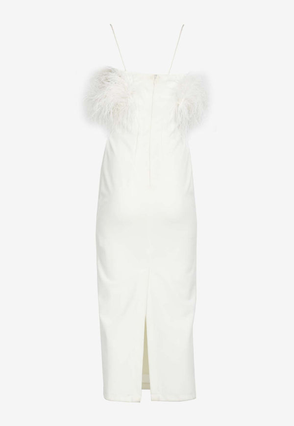 Zeena Zaki Off-Shoulder Scuba Crepe Feathered Midi Dress White FW22-23-10-WHTWHITE