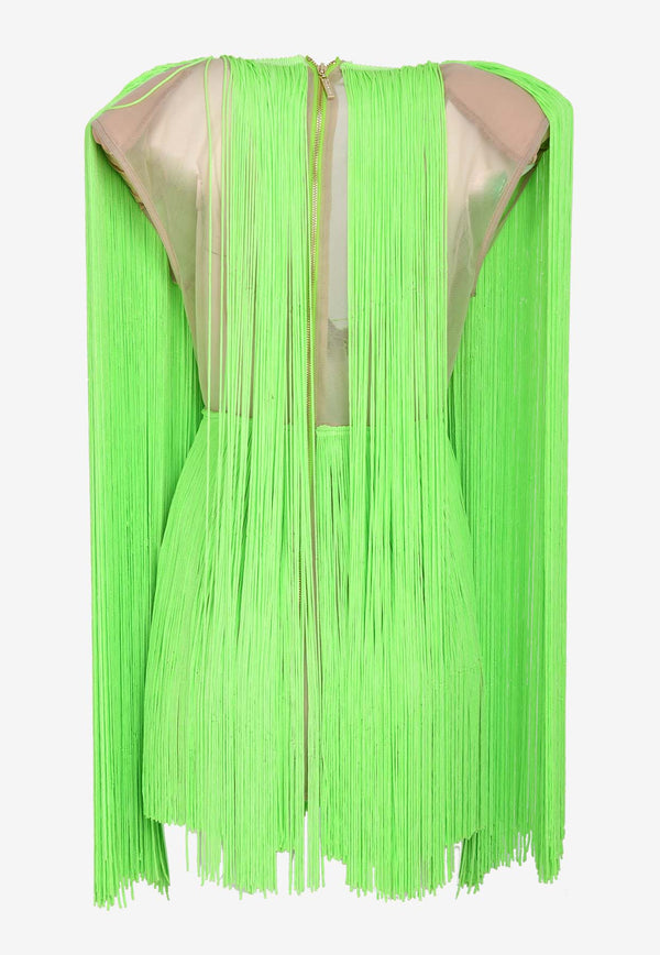 Bronx and Banco Sierra Leone Issa Long-Sleeved Fringed Mini Dress Green BB-17-034GREEN