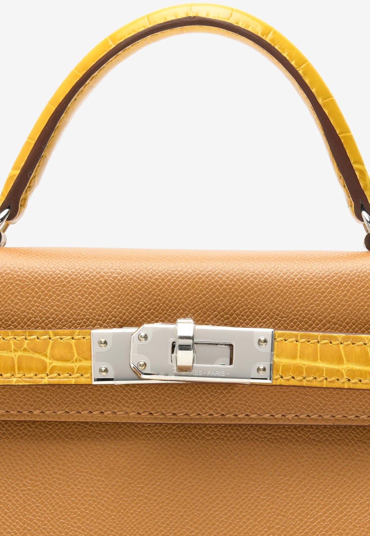 Mini Kelly 20 Sellier Touch in Sesame Madame and Jaune Ambre Shiny