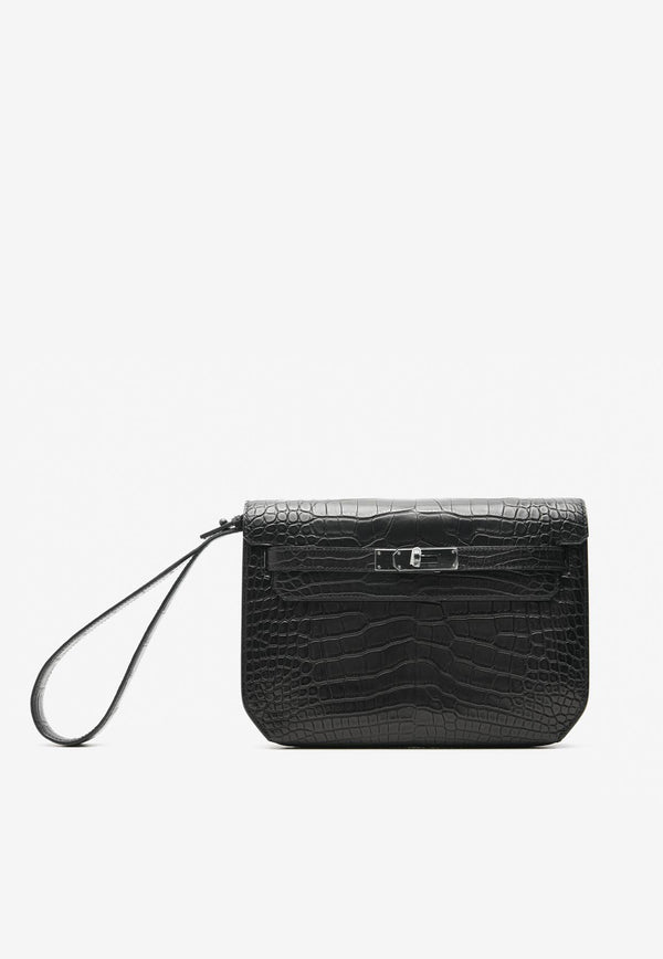 Kelly Depeches 25 Pouch in Black Matte Alligator with Monochrome Hardware