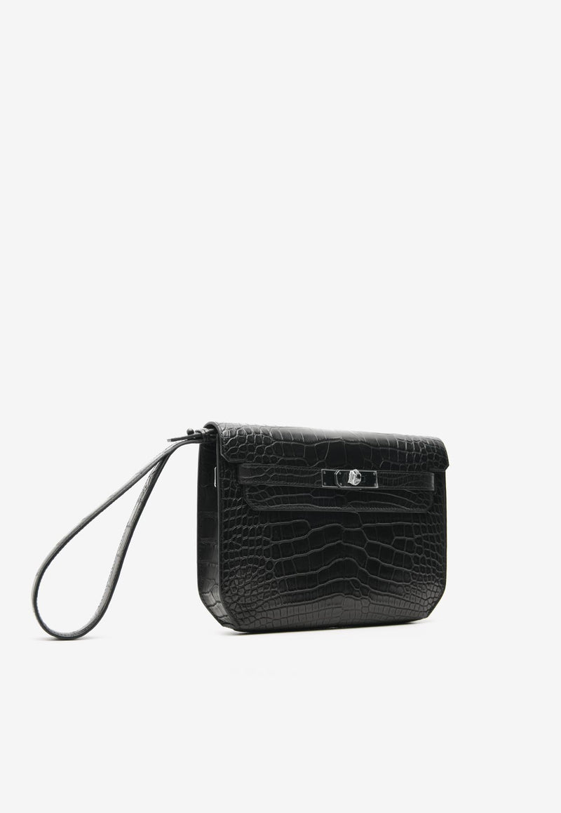 Kelly Depeches 25 Pouch in Black Matte Alligator with Monochrome Hardware
