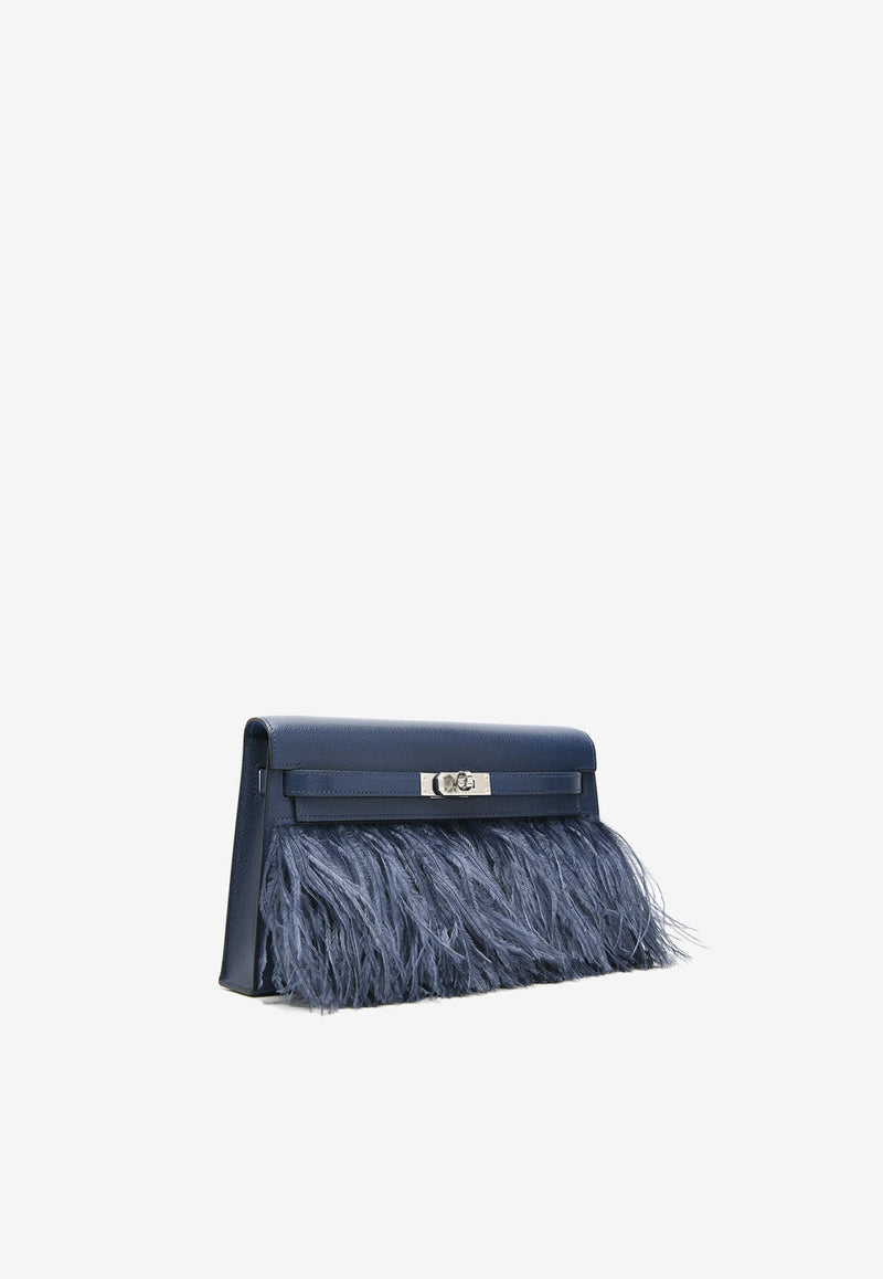 Kelly Elan Folie in Bleu Saphir Chevre Chamkila and Ostrich Feathers with Palladiun Hardware