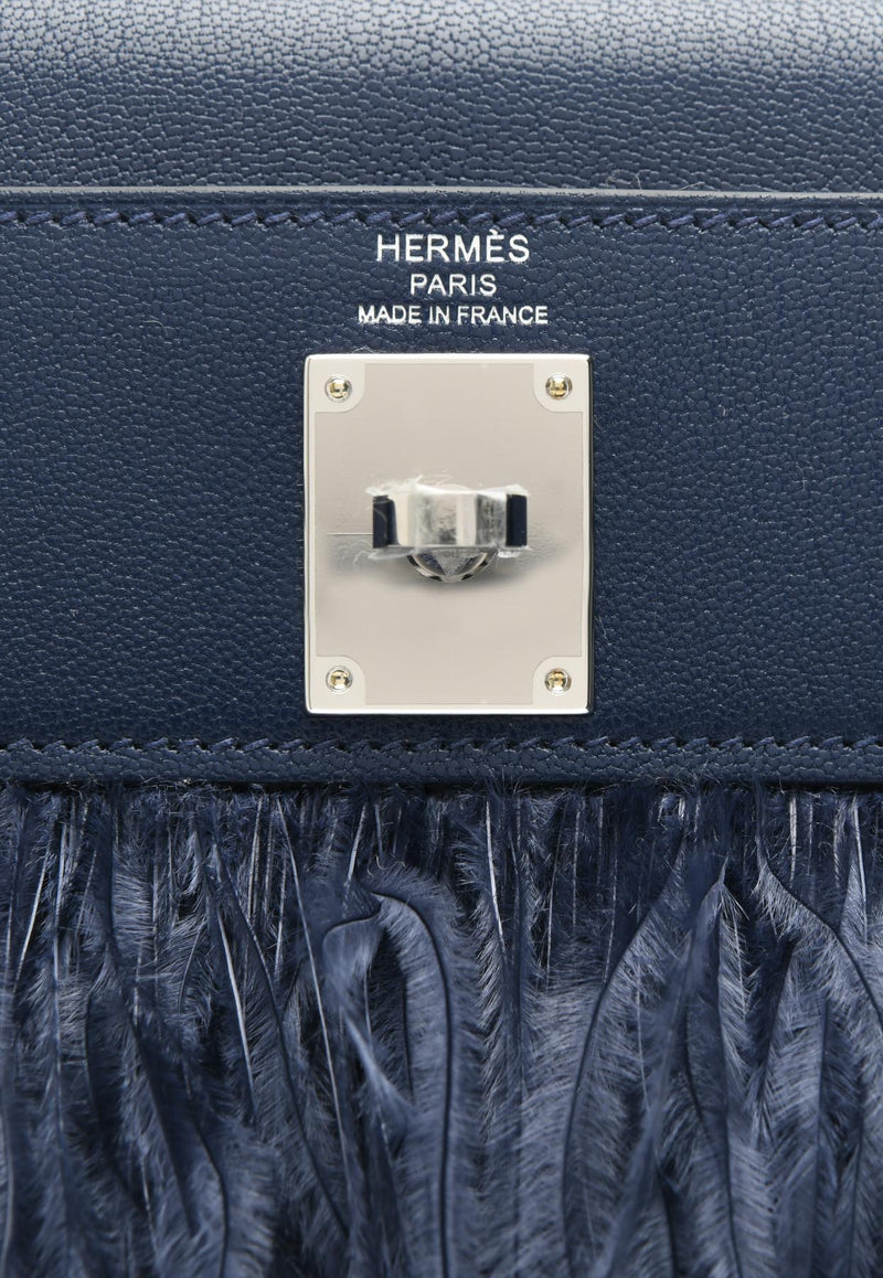 Kelly Elan Folie in Bleu Saphir Chevre Chamkila and Ostrich Feathers with Palladiun Hardware