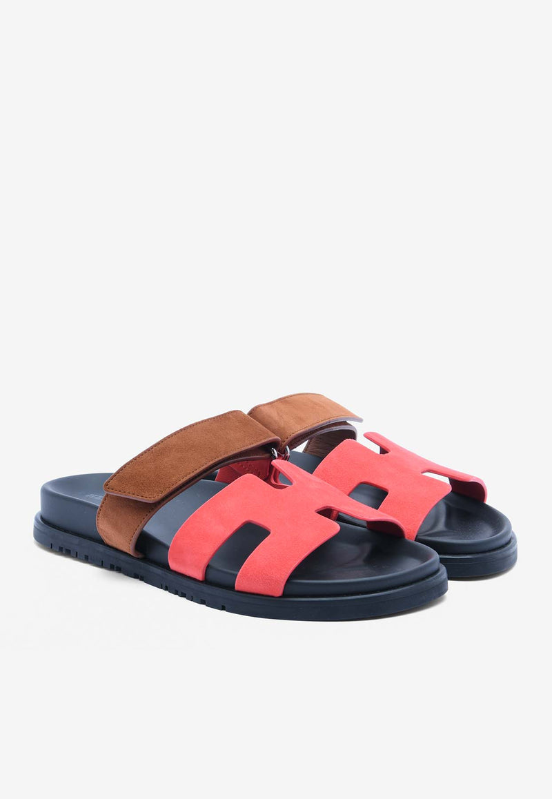 Hermès Chypre Sandals in Rouge Cinetique and Gold Suede