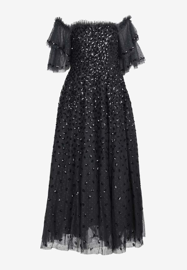 Needle & Thread Autumn Leaves Off-Shoulder Sequined Gown Black DG-OS-11-RAW24-GRTBLACK