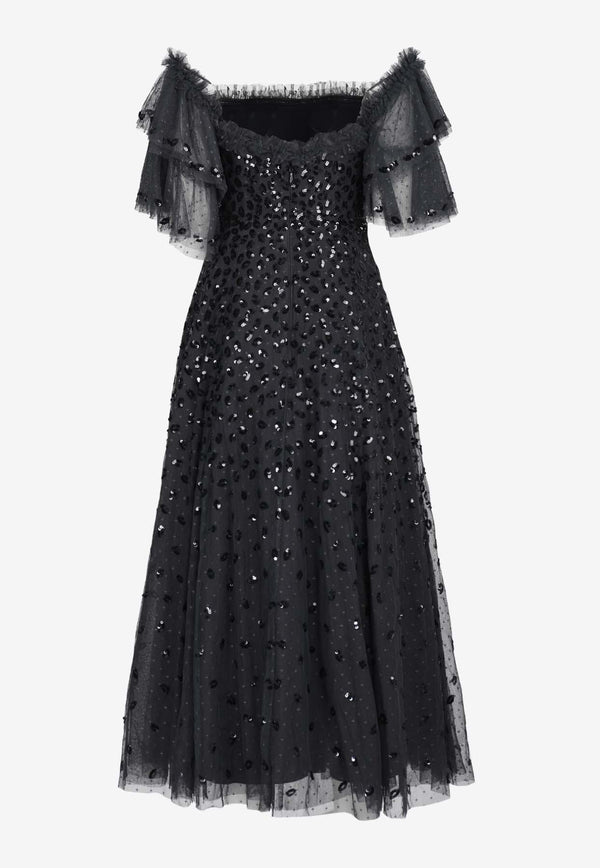 Needle & Thread Autumn Leaves Off-Shoulder Sequined Gown Black DG-OS-11-RAW24-GRTBLACK