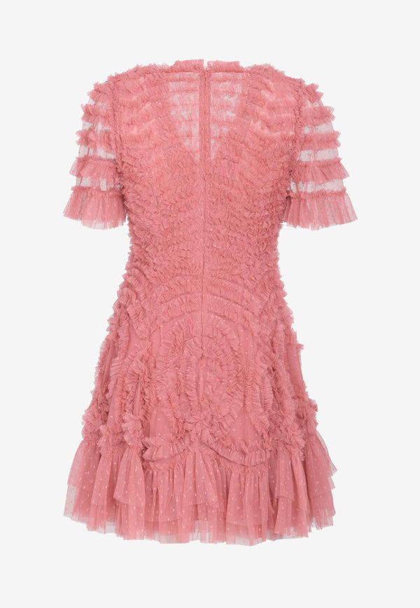 Needle & Thread Verity V-neck Mini Ruffled Dress Pink DS-SS-67-RAW24-AURROSE