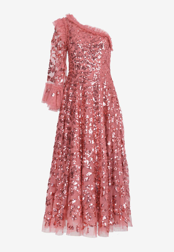 Needle & Thread Falling Leave One-Shoulder Sequined Midi Dress Pink DG-ON-01-RAW24-AURROSE