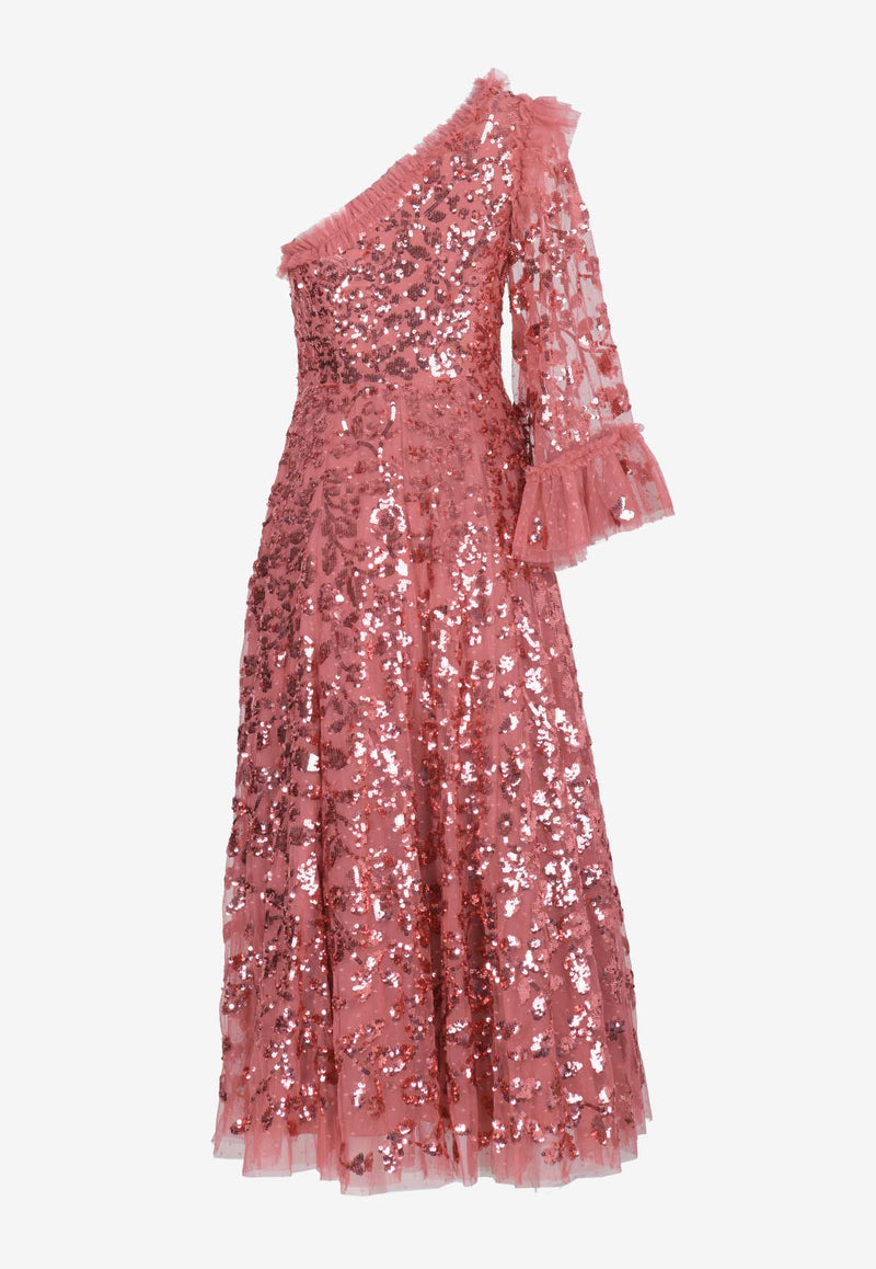 Needle & Thread Falling Leave One-Shoulder Sequined Midi Dress Pink DG-ON-01-RAW24-AURROSE